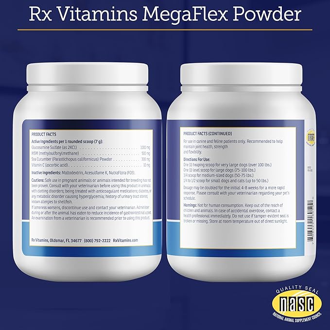 Rx Vitamins MegaFlex - Glucosamine Sulfate with MSM - Cat & Dog Hip and Joint Supplement - Contains Vitamin C and Sea Cucumber - Supports Joint Health and Flexibility - 600g