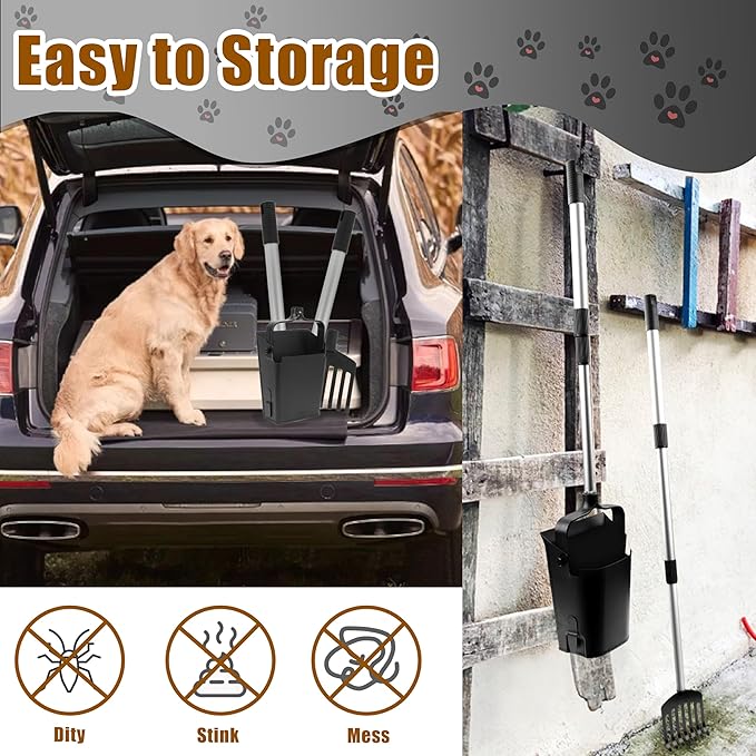 Pooper Scooper Metal 38" Long Adjustable Handle Swivel Bin & Rake for Large & Small Dogs Non-Breakable Dog Poop Scooper Easy to Clean Pet Waste Use on Grass, with 20 Waste Bags