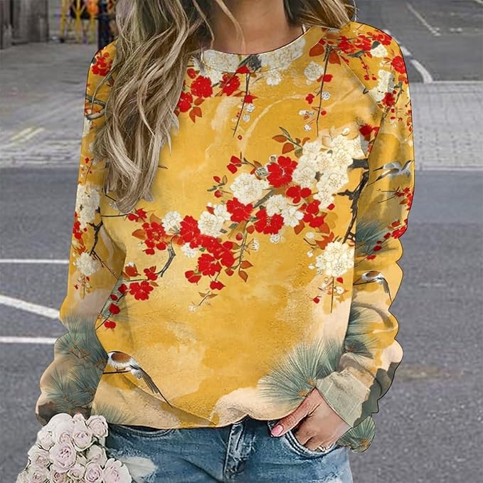 Womens Long Sleeve Tops Y2k Japanese Art Print Sweatshirts Fall Pullover for Women Crewneck Vintage Shirts Boho Tops