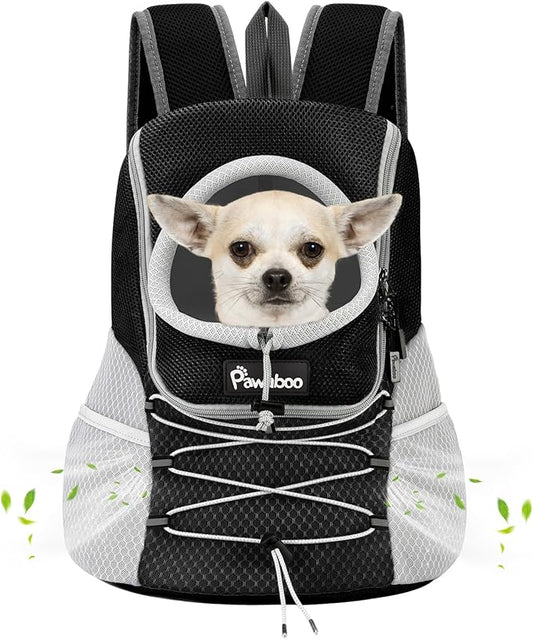 Pawaboo Pet Dog Carrier Backpack, Puppy Dog Travel Front Carrier for Small Medium Dogs Cats, Adjustable Breathable Dog Carrying Backpack with Safety Strips for Hiking, Walking (Black S Up to 5 lbs)