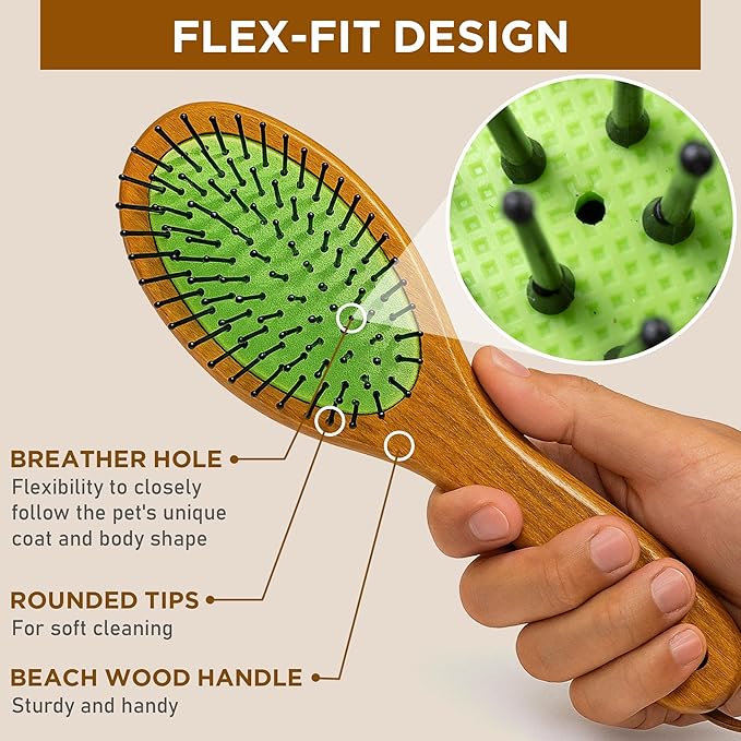 TAKAVU Pin & Bristle Pet Brush for Dogs & Cats - Double Sided Grooming Tool Detangles, Removes Loose Hair & Conditions Coat - Wood Handle