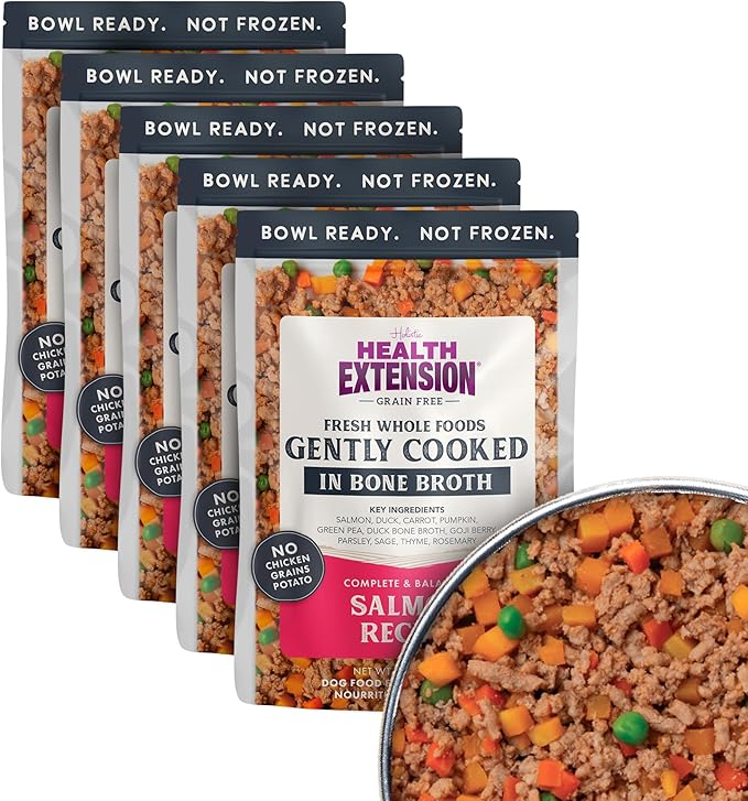 Health Extension Gently Cooked Grain-Free Salmon Dog Food, Human-Grade & Shelf-Stable with Superfoods, Supports Digestion, Immunity, Skin & Coat, 9 oz Pouch (Pack of 5)