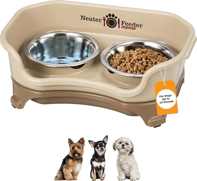 Neater Feeder Express Mess Proof Dog Bowls Elevated for Small Breeds under 15 Lb, Made in USA, No Spill Raised Dog Food Bowl Stand, Stainless Steel Food and Water Bowl Set, Feeding Station, Cappuccino