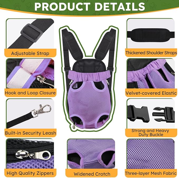 Pet Carrier Backpack, Hands-Free Adjustable Dog Front Carrier Legs Out & Easy-Fit Dog Backpack Carrier for Hiking Camping Traveling Cycling for Small Dogs and Rabbits (Medium, Purple)