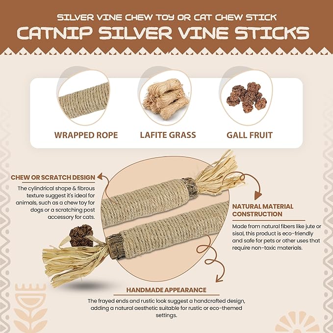 Catnip Silvervine Sticks for Cats | Silver Vine Chew Toy or Cat Chew Stick | Kitten Teething Toys | Cat Dental Chew with Cat Raffia Grass for Healthy Teeth & Digestion | Silvervine Cat Toy | 2 Sticks