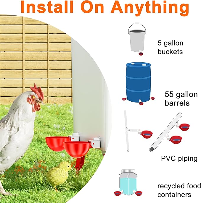 Chicken Waterer Cups, 6 Pack Automatic DIY Chicken Water Cups with 3/8'' Hole Saw