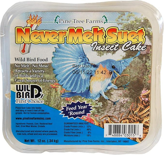 Pack of 24 Pine Tree Farms Never Melt Insect Suet Cakes, 12 oz Each | Wild Bird Food with Mealworms & Crickets | High-Energy Suet for Summer & Winter Feeding | Fits Standard Suet or Platform Feeders