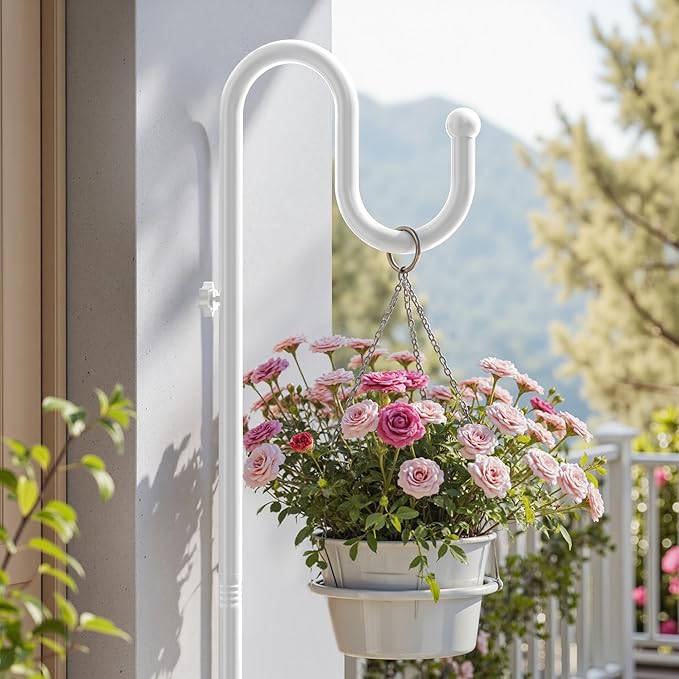 niffgaff 74" Shepherds Hook Stand for Plant: Hanging Bird Feeders, Plants, Lanterns, Wreath and Wind Chimes, Adjustable Free Standing Pole Holder with Heavy Duty Base, Holds Up to 20 LBS, White