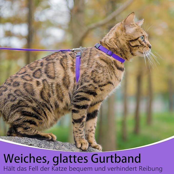 PUPTECK Adjustable Cat Harness and Leash Set Escape Proof Kitten Strap Collar for Walking Travel, Purple, M
