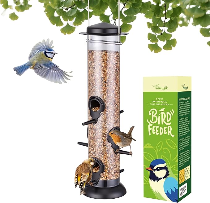 Bird Feeder Premium Hard Plastic for Wild Bird Feeders for Outdoors,Tube Bird Feeders for Outdoors Hanging,14 Inch 6 Port Black,Pack of 1