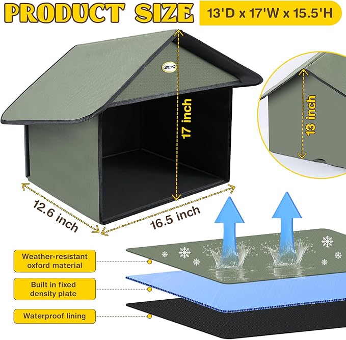 Dreyoo 1 Pack Outdoor Cat Feeding Station for Food & Water, Weatherproof Outdoor Kitty Dining Room Cat Shelter for Stray, Feral Cats and Community Cats, 13”d x 17”w x 15.5'h (Dark Green)