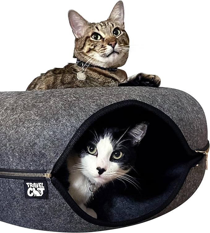 Travel Cat Tunnel Bed Cave - 21 Inch Large Premium Grey Round Donut Cat Cave for Indoor Cats, Kitten - Detachable Cat Hideaway Cat Bed with Tunnel for Playing, Scratching, Sleeping