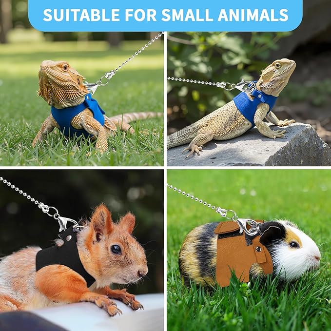 3 Pack Bearded Dragon Leash and Harness Set for Small Animals, 6.5FT Leash with 3 Sizes Adjustable Harness for Lizard Walking Adventure, Soft Vest Clothes for Squirrel Reptile Lovers -Blue