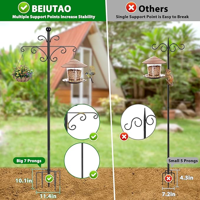 Bird Feeder Pole for Outdoors Heavy Duty Squirrel Proof, 2 Pack 63 Inch Adjustable Tall Shepherds Hooks for Outdoor with 7 Prongs Base, Double Shepherd Hooks (2 Pack Black, 63 Inch)