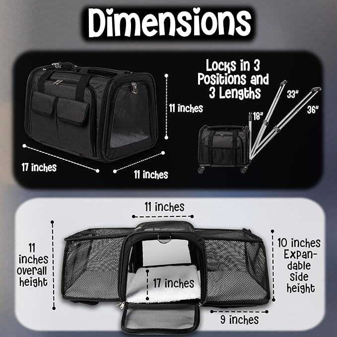 Pet Carrier with Wheels | Delta American Frontier Airline Approved | Two Expandable Sides, Storage Pockets Adjustable Leash | Rolling Dog and Cat Carrier TSA Compliant (Black 17x11x11)