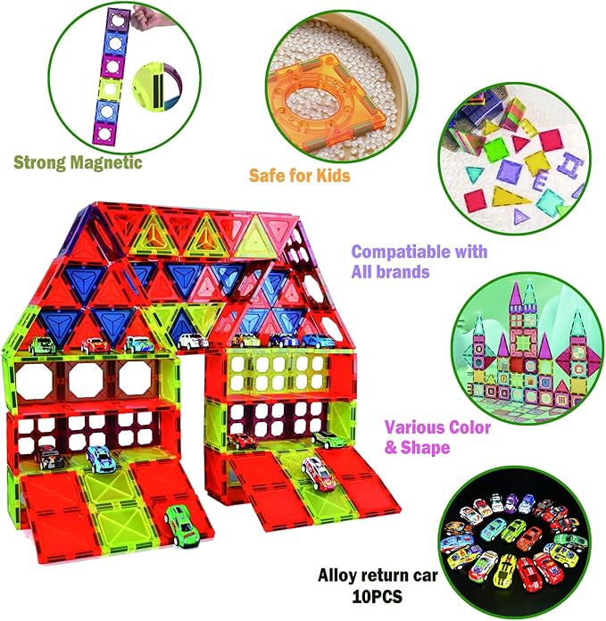 Magnetic Tiles Parking Building Playset with 10 Pull-Back Metal Cars for Kids Construction STEM Toy Preschool Creativity Learning Birthday Gift for Girls Boys Toddlers 3 4 5 6 7 8