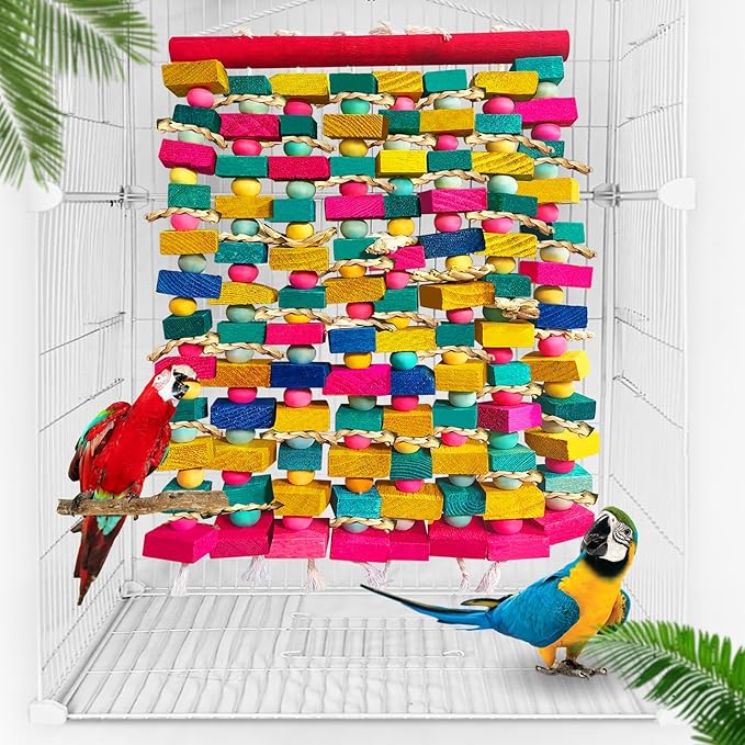 Extra Large Bird Toys for Macaws, Multicolored Wooden Blocks Bird Chewing Toy Parrot Cage Bite Toy for Macaws Cokatoos African Grey and Large Medium Parrot Birds