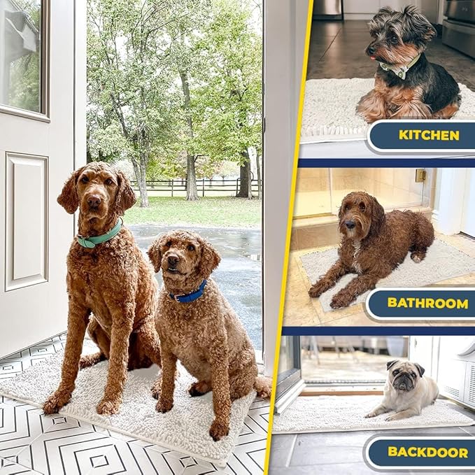 Muddy Mat® Shown on TV – Super Absorbent Microfiber Dog Door Mat for Muddy Paws, Non-Slip Washable Pet Rug, Quick Dry Chenille Entryway Carpet, Machine Washable Indoor Outdoor mat, White 28"x18"