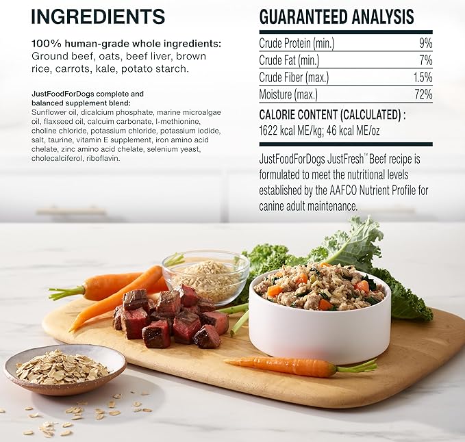 JustFoodForDogs JustFresh Wet Dog Food, Fresh Pet Meals and Toppers with No Preservatives, Resealable Package, Human Grade, Home-Cooked Beef, 12 oz - 7 Pack