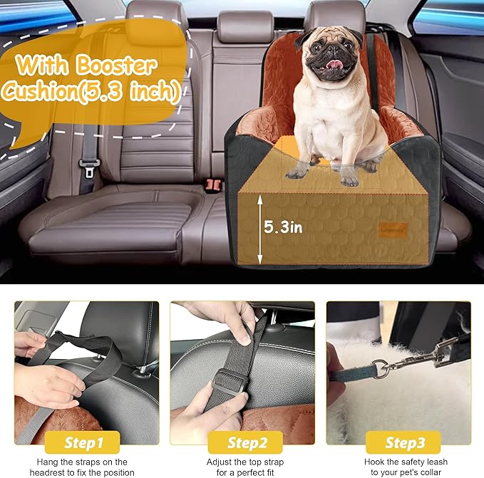 Dog Car Seat for Small/Medium Dogs, Memory Foam Dog Booster Seat, Travel Safety Per Car Seat with Washable Removable Cover, Storage Pockets for Dogs up to 35 lbs (Black/Red Brown, Small)