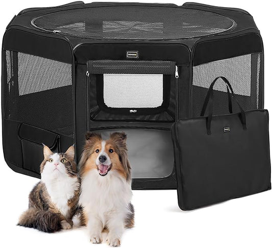 DONORO Dog Playpen Portable Pet Play Pens for Small Dog/Cat/Rabbit/Chicks, Cat Playpen Indoor/Outdoor with Carring Case, Removable Zipper Top and Bottom (Black, Large (46"x46"x23"), 8)