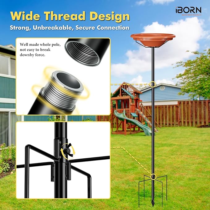 iBorn 36Inch Freestanding Bird Bath for Outside,12″ BPA-Free Plastic Bowl,Birdbaths with 3 Adjustable Height Pole,5-Prongs Base,Metal Pole and Plastic Bird Bath Bowl,Pack of 1（Not Include Fountain）