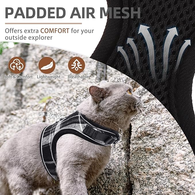 PUPTECK Soft Mesh Cat Vest Harness and Leash Set Puppy Padded Pet Harnesses Escape Proof for Cats Small Dogs Rabbits Bunny, Plaid Black, S