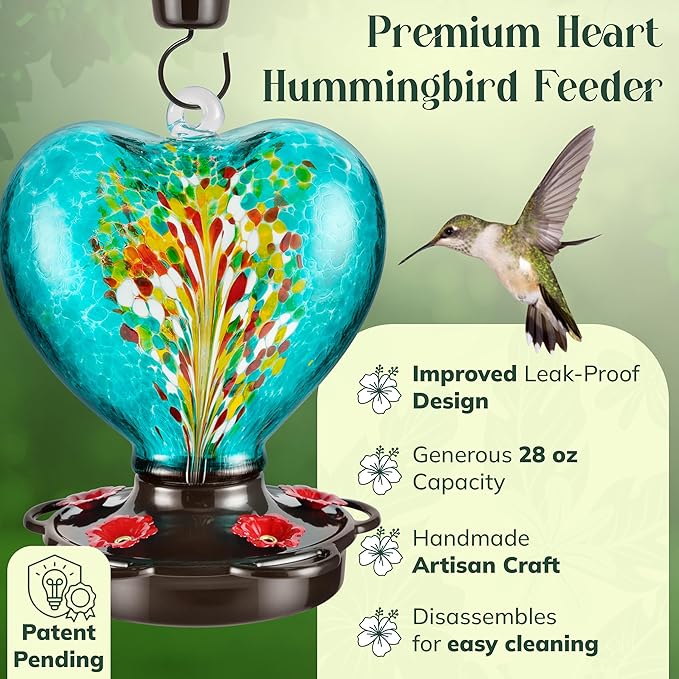 Hand Blown Glass Hummingbird Feeder for Outdoors All Season Use - 28 Fl. Oz. Leak Proof Hummingbird Feeder with Rust Proof Base - Includes Ant Moat, Ant & Bee Proof (Teal)