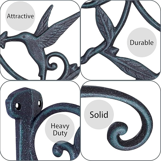 2PCS Plant Hangers Outdoor Heavy Duty Hanging Plant Bracket for Wall Indoor Garden Cast Iron Hummingbird Feeder Hooks Decorative Plant Hooks, Greenish