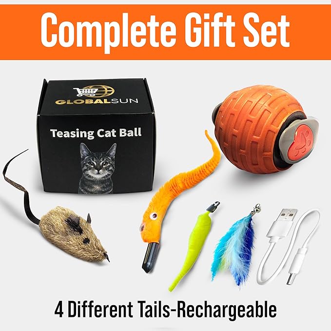 Motion Activated Self-Moving Cat Toy Ball – GlobalSun Speedy Tail 2.0 Automatic Rolling Ball Cat Toy with Mouse & Feather Tails, USB Rechargeable Interactive Toy for Indoor Cats