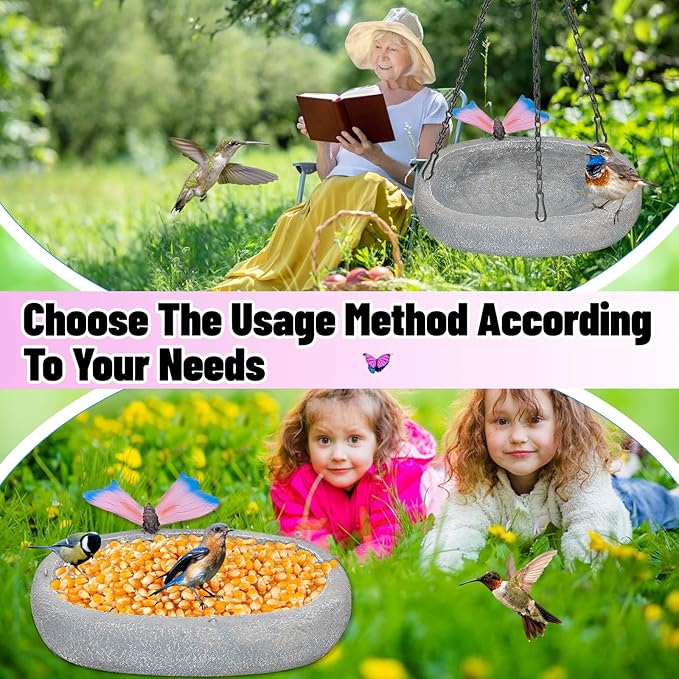 Bird Bath for Outside, Hanging Bird Water Feeder Bowl with Vintage Butterfly Statue, Outdoor Resin Birdfeeder Birdbath for Garden Yard Patio Decor (Ellipses+Butterfly)