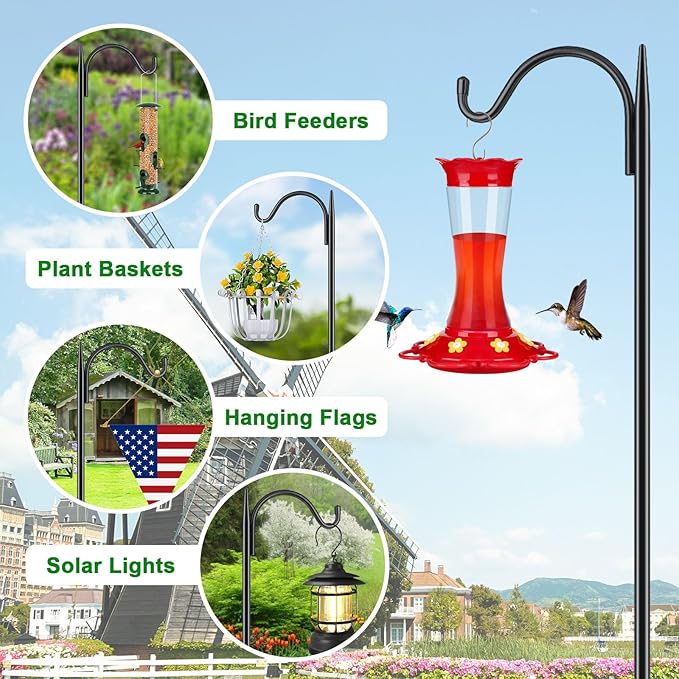 FEED GARDEN Bird Feeder Pole, 60 Inch Shepherds Hooks for Outdoor with 5 Prong Base, Adjustable Heavy Duty Shepherds Hook for Plant Baskets, Hummingbird Feeder, Wedding Decor, Lanterns,2 Pack