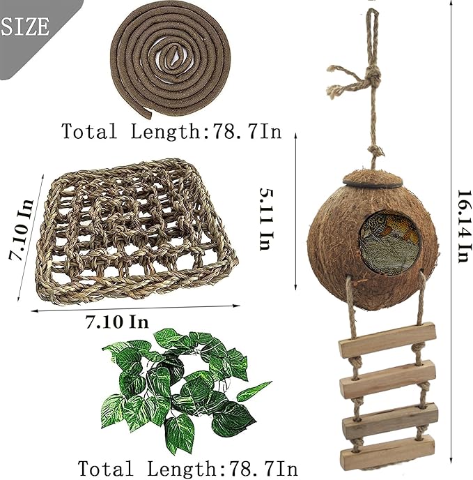 5PCS Coconut Hut for Gecko, Lizard Coco Den with Ladder and Reptile Hammock Bearded Dragon Tank Accessories Climbing Hanging Plants Jungle Vine Flexible Reptile Leaves Decor