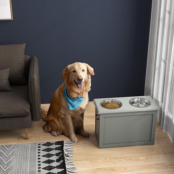 PawHut Raised Pet Feeding Storage Station with 2 Stainless Steel Bowls Base for Large Dogs and Other Large Pets, Gray