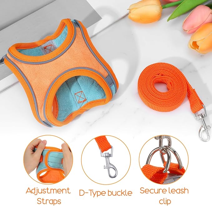 Bunny Harness and Leash Set, Adjustable Double Buckles Breathable Mesh Rabbit Vest with Reflective Strips, Escape Proof Small Pet Walking Training Gear for Rabbits, Kittens, Ferrets, Guinea Pigs (S)