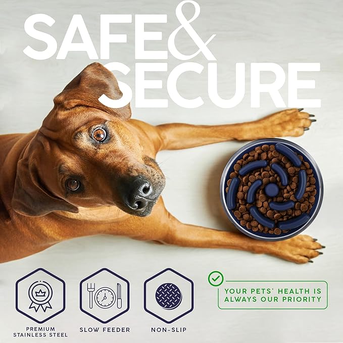 32 Oz Dog Bowl with Slow Feeder Insert Stainless Steel Pet Water Bowl for Medium & Large Breed Non Slip Rubber Base & Plastic Puzzle Feeder - Navy Blue