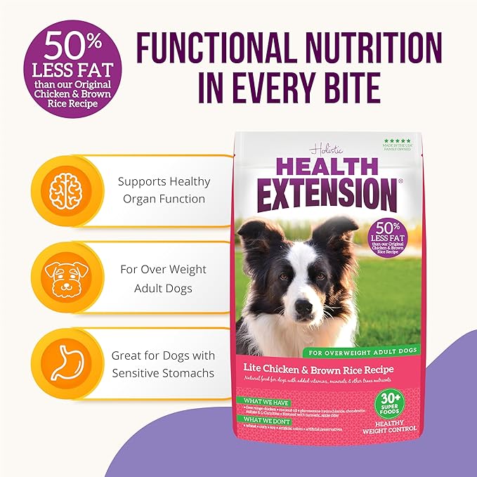 Health Extension Lite Chicken & Brown Rice Dry Dog Food, Low Fat Formula Supports Healthy Weight, with Probiotics & Superfoods for Digestion & Coat Health (4lb)