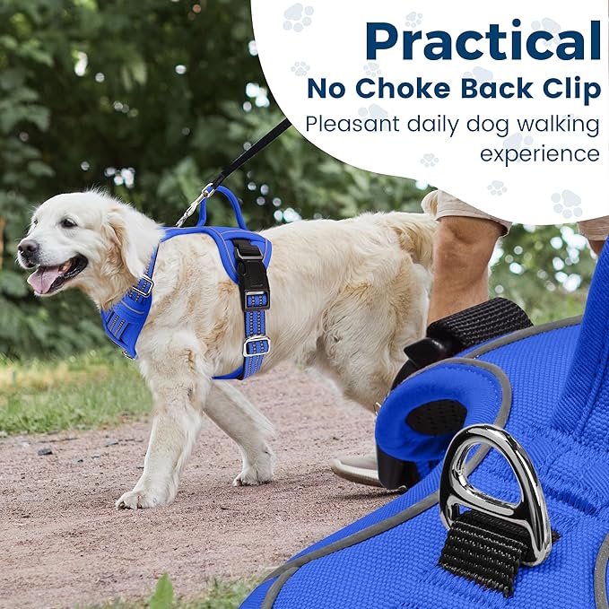 Funfox Dog Harness No Pull, Adjustable Pet Vest Harness, Super Soft Material with Vertical Handle Easy Control, Reflective Night Walking, 2 Leash Clips for Large Dogs, Blue, L