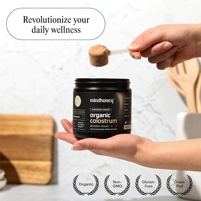MINDHONEY Organic Colostrum | Premium Cacao Flavored Superfood Powder | Gut Health & Immunity, Skin & Hair, Anti-Aging, Performance & Recovery | Grass-Fed, Pasture-Raised | 30 Servings