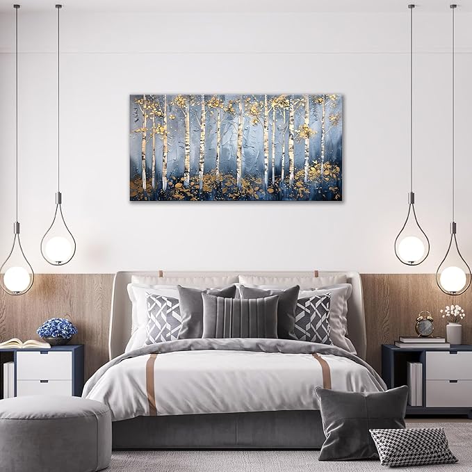 Large White Birch Wall Art Forest Golden Leaves Canvas Living Room Nature Landscape Pictures Framed Prints Oversize Wall Decor Painting Artwork for Bedroom Dining Home 60"x30"