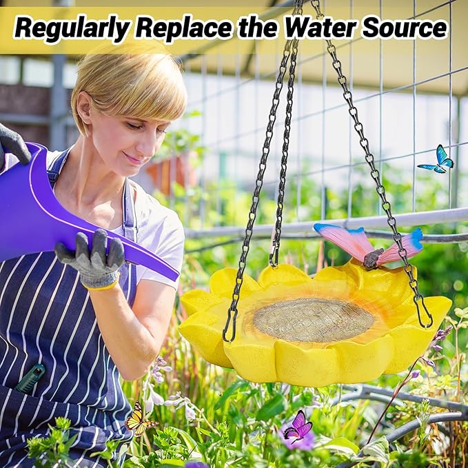 Sunflower Bird Bath for Outside, MeyRolizn Hanging Resin Birdbath with Butterfly Ornament, Garden Ground Bird Feeder Bath Bowl for Outdoor Yard Decor Ywllow(Sunflower)