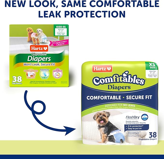 New! Hartz® Comfitables® Disposable Dog Diapers, Size XS 38 count, Comfortable & Secure Fit, Easy to Put On, Super Absorbent Male and Female Diaper