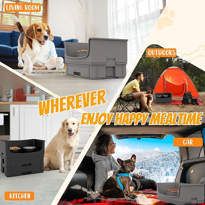 Mess Proof Pet Bowls, No Mess Dog Food and Water Bowl, Pet Feeding Station with 2 Stainless Steel, Spill-Proof Pet Feeder for Medium and Large Dog, Black