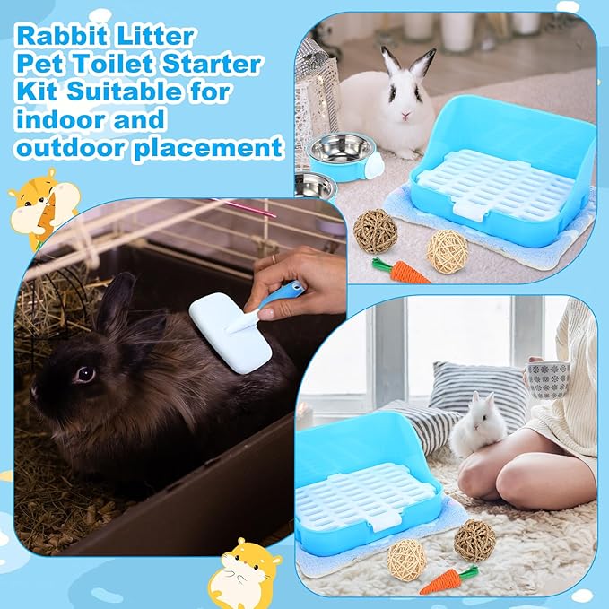 15 Pcs Rabbit Starter Kit Small Rabbit Litter Box Animal Grooming Kit Bunny Toys Bowl Blankets with Cleaning Set for Guinea Pig Accessories (Light Blue)