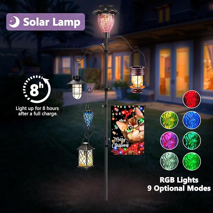 LUJII Solar Shepherds Hooks for Outdoors, Bird Feeder Pole with 4 Adjustable Hangers and 1 Flag Holder, Garden Stand for Hummingbird Feeders, Wind Chimes, Plant Baskets, Lanterns (Purple)