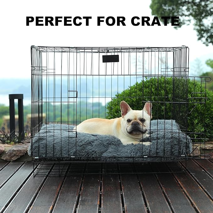 Bedfolks Waterproof Dog Crate Bed,Plush Dog Crate Pad with Removable Cover,Faux Fur Dog Bed for Large Dogs,Fluffy Washable Dog Kennel Bed 35"x23",Solid Dark Grey