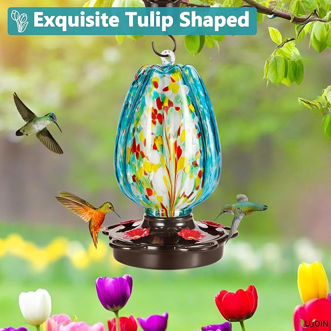 Tulip Shaped Hummingbird Feeder for Outdoors, Hand Blown Glass, 28 fl.oz, Leak Proof & Rustproof, Includes an Ant Moat, Metal Cover with 5 Feeding Ports & 5 Perches, Blue