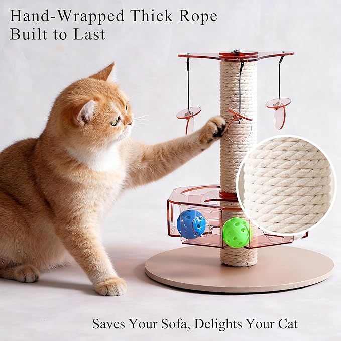 Modern 3-in-1 Interactive Cat Toy with Scratching Post, Rotating Cat Puzzle Toys for Indoor Cats with Colorful Jingle Balls, Spinning Teaser Disc with Dangling Toys, Acrylic, Pink