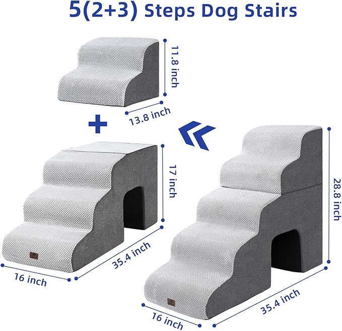 Pettycare Dog Stairs Ramp for High Beds and Couch,Curved Dog Steps for Small Pets, Pet Stairs Non-Slip Balanced Portable Puppy Ramp Indoor, 5 Steps,Grey
