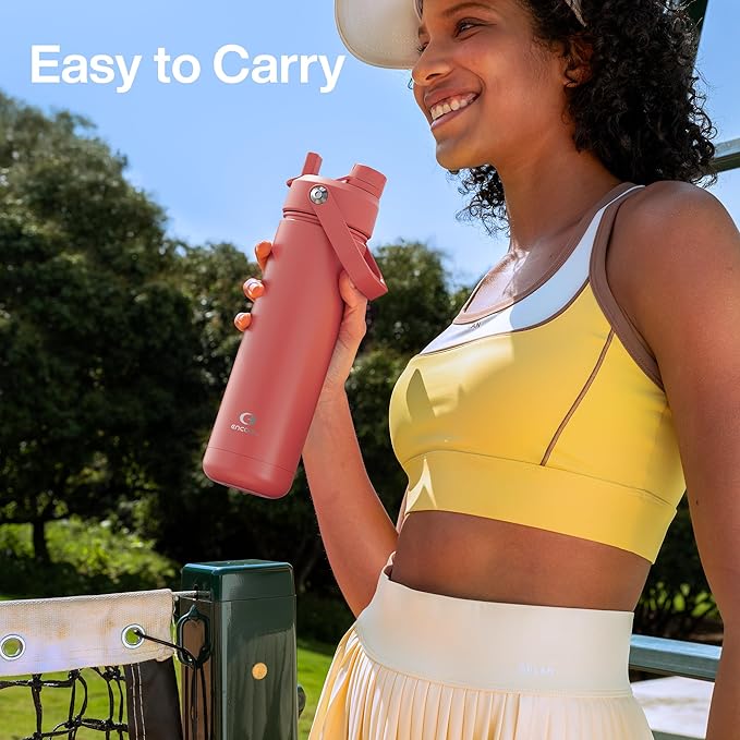 Insulated Water Bottle with Straw - Encool Stainless Steel Water Bottle, Leak-Proof, BPA-Free, Double Wall Vacuum Keeps Cold for 24 Hours for Sports, Travel, School (26 oz, Tawny Orange)